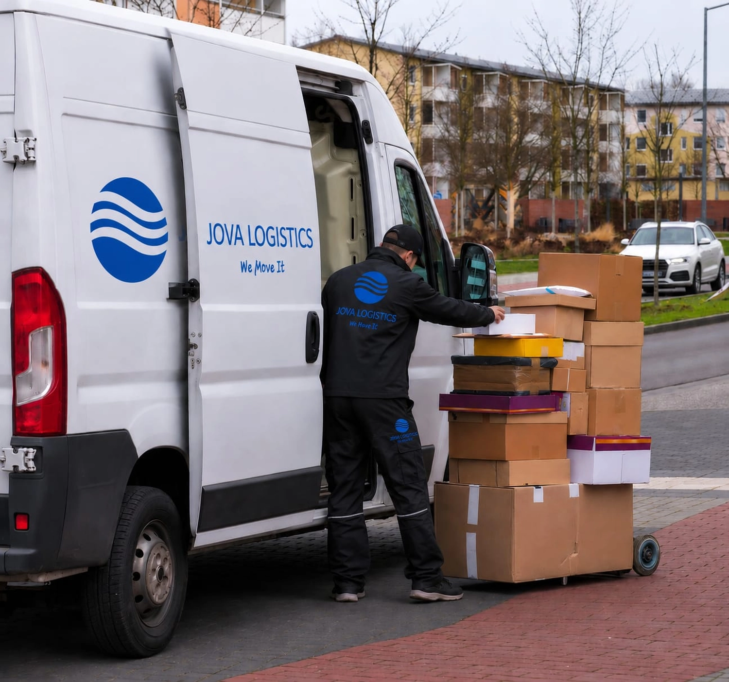 Jova – Logistikdienstleistungen – Ein Kurierfahrer in der Markenuniform von Jova Logistics lädt Pakete aus einem weißen Lieferwagen aus.