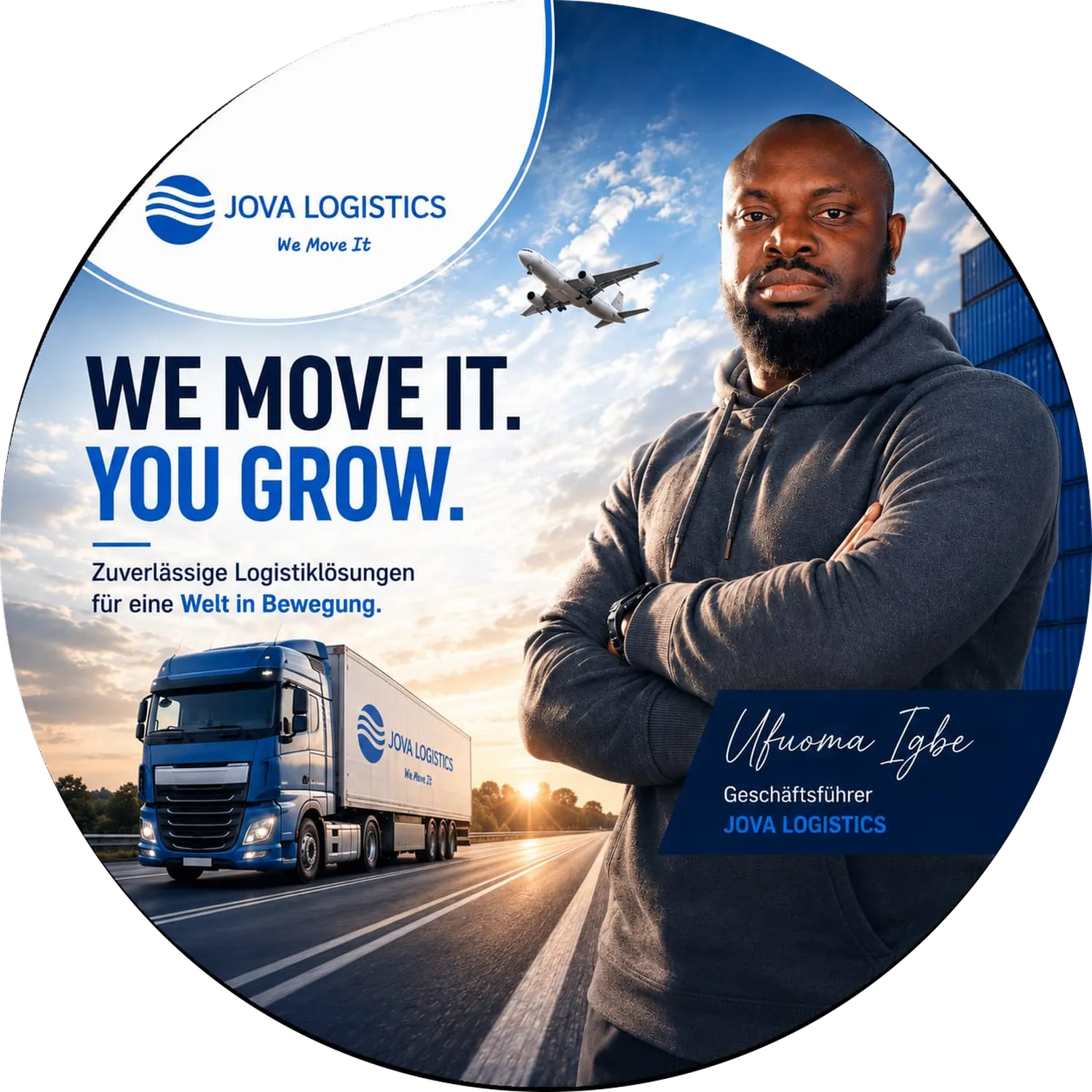 Jova – Logistikdienstleistungen – Das Bild ist ein Werbeflyer für Jova Logistics, ein Transportunternehmen, das zuverlässige Logistiklösungen anbietet.